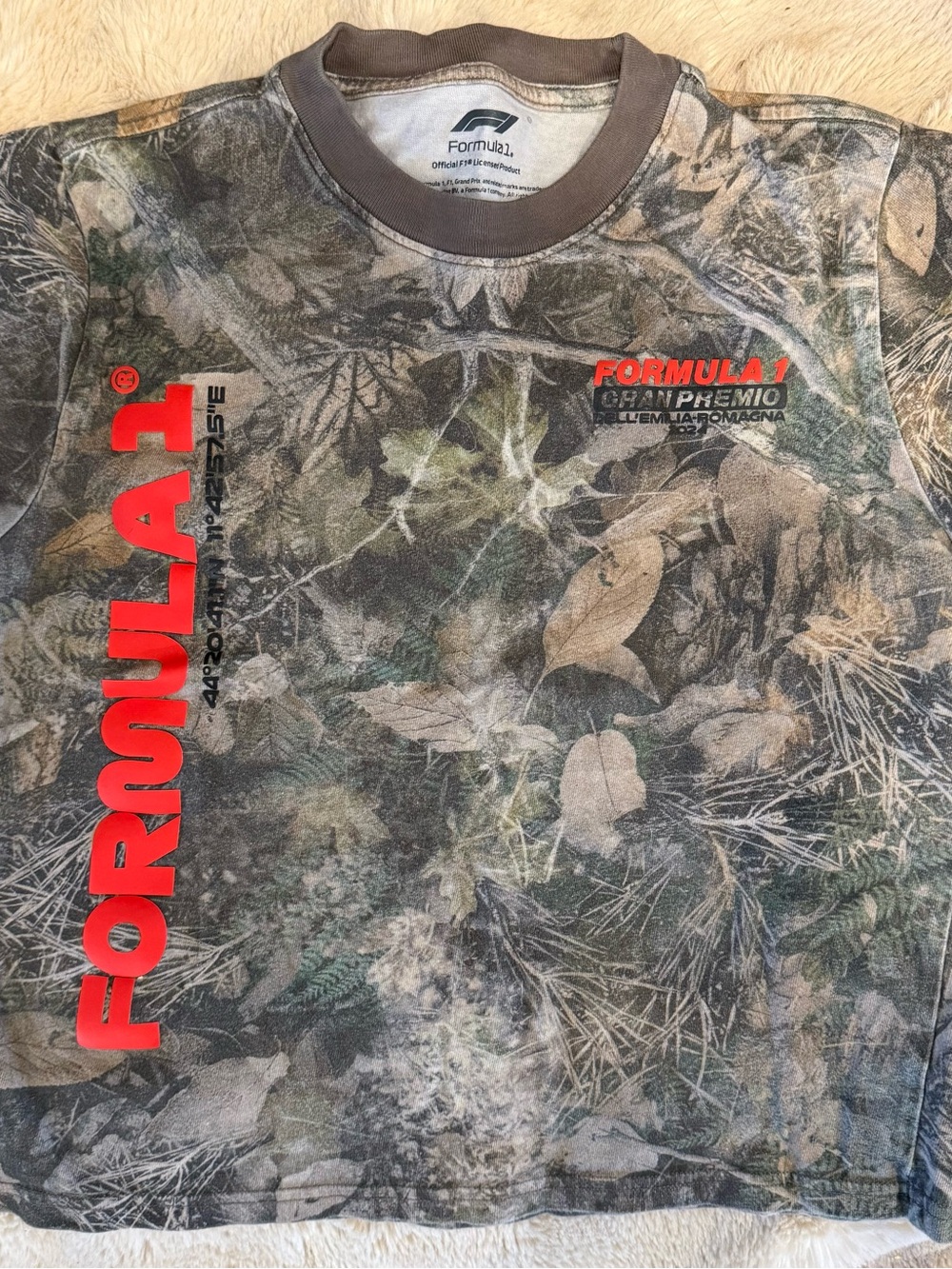 PacSun Camo Crop Top with Red Formula 1 Graphics